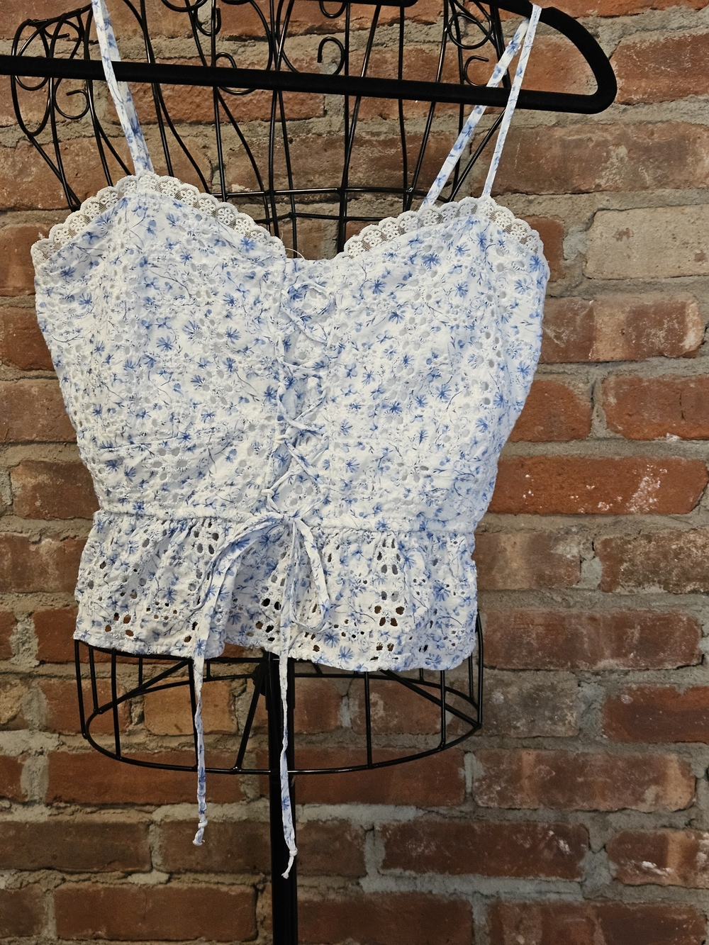 Altar'd State White and Light Blue Floral Eyelet Lace-Up Camisole
